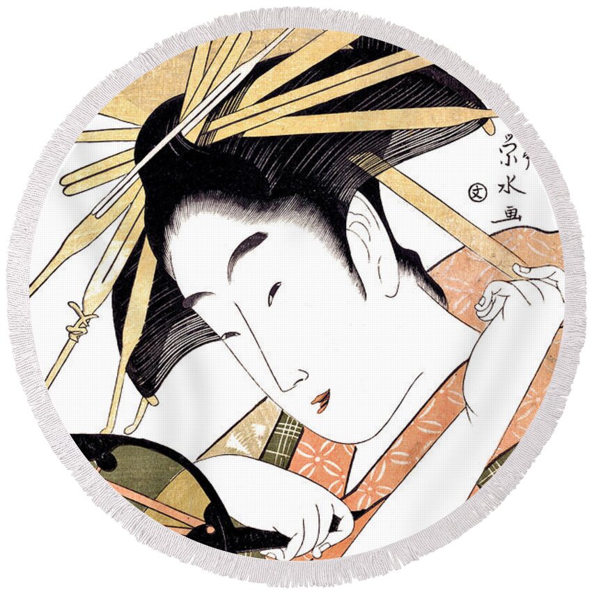 Japan Round Beach Towel featuring the digital art Japan, Woman Decorating Her Hair by Long Shot