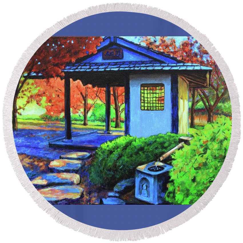 Gazebo Round Beach Towel featuring the painting Japanes Garden Pavilion by John Lautermilch