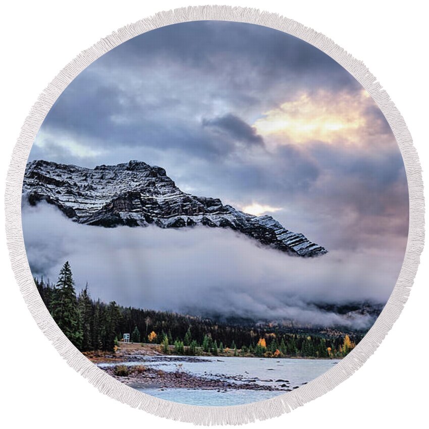 Cloud Round Beach Towel featuring the photograph Jasper Mountain In The Clouds by Carl Marceau