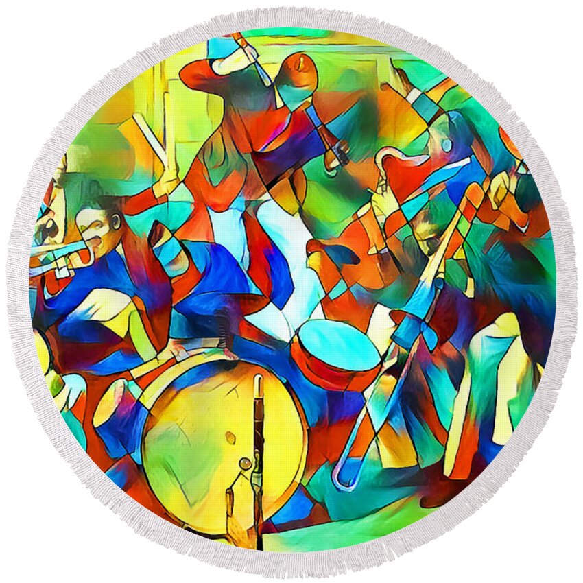 Wingsdomain Round Beach Towel featuring the photograph Jazz Band of The Roaring 1920s in Contemporary Vibrant Painterly Colors 20200516v1 by Wingsdomain Art and Photography