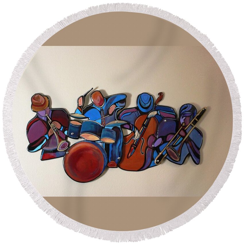 Music Round Beach Towel featuring the mixed media Jazz Ensemble IV by Bill Manson