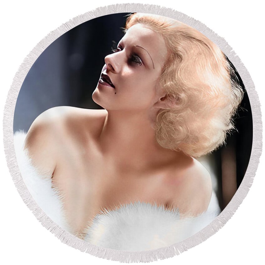 Jean Harlow Round Beach Towel featuring the digital art Jean Harlow - Actress by Chuck Staley