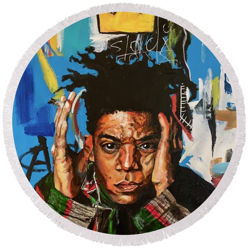 Jean-michel Basquiat Round Beach Towel featuring the painting Jean-Michel Basquiat by Joel Tesch