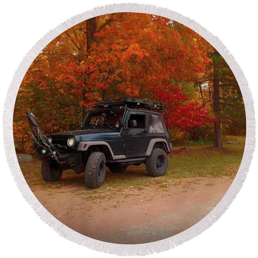 Fall Color Reflections Round Beach Towel featuring the photograph Jeep Autumn by Sandra J's