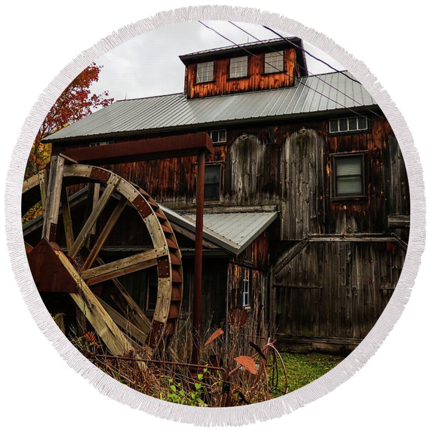 Jeffersonville Round Beach Towel featuring the photograph Jeffersonville Grist Mill in the Fall Jeffersonville VT by Toby McGuire