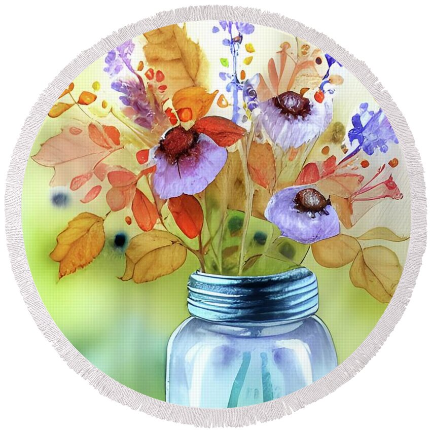 Wildflowers Round Beach Towel featuring the digital art Jelly Jar Bouquet by Bonnie Bruno