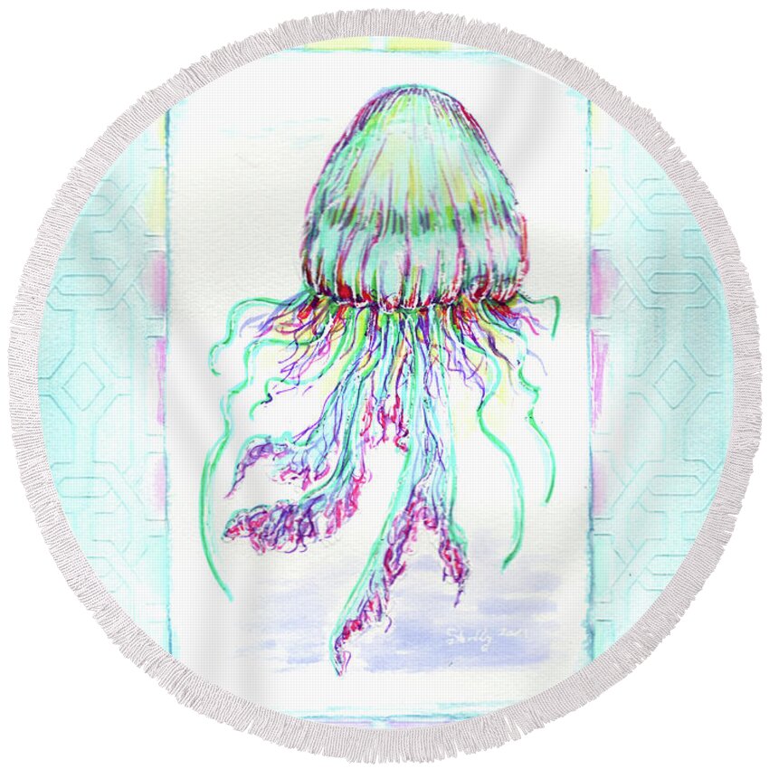 Jellyfish Round Beach Towel featuring the painting Jellyfish Key West Teal by Shelly Tschupp
