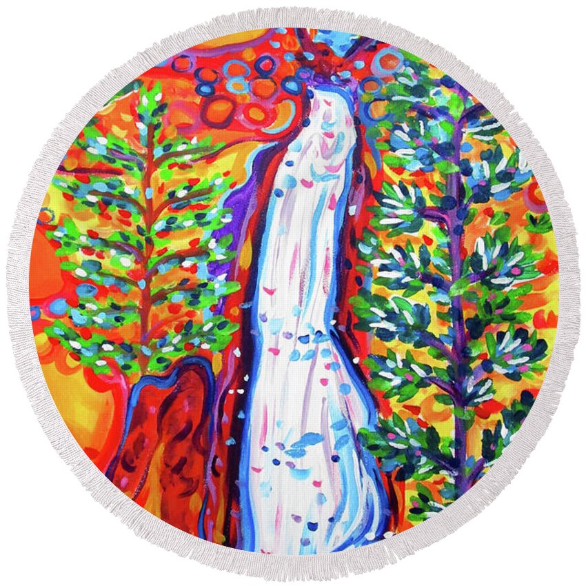 Rachel Houseman Round Beach Towel featuring the painting Jemez Falls by Rachel Houseman