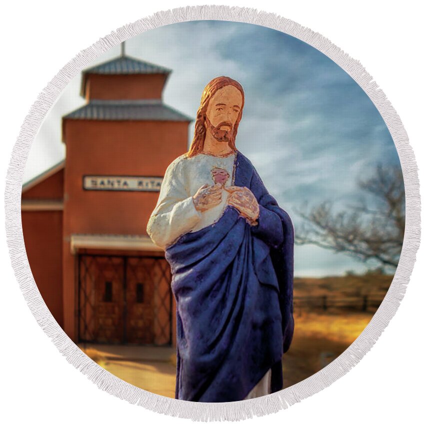 Christ Round Beach Towel featuring the photograph Jesus at Santa Rita Church - Riley NM - Ghost Town by Susan Rissi Tregoning