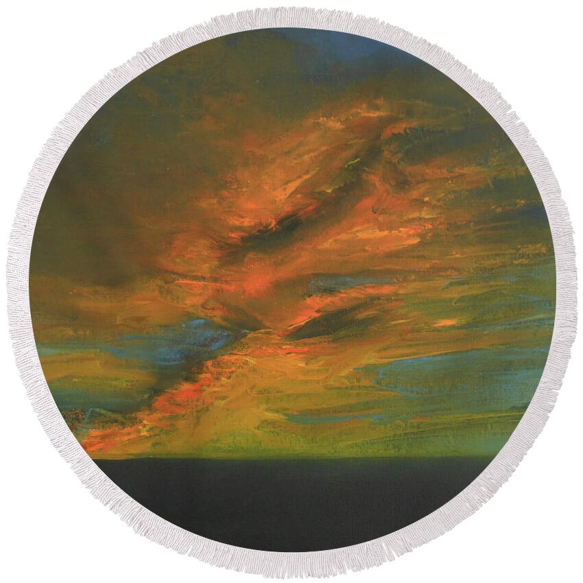Abstract Impressionist Round Beach Towel featuring the painting Jewel Sunset by Jane See