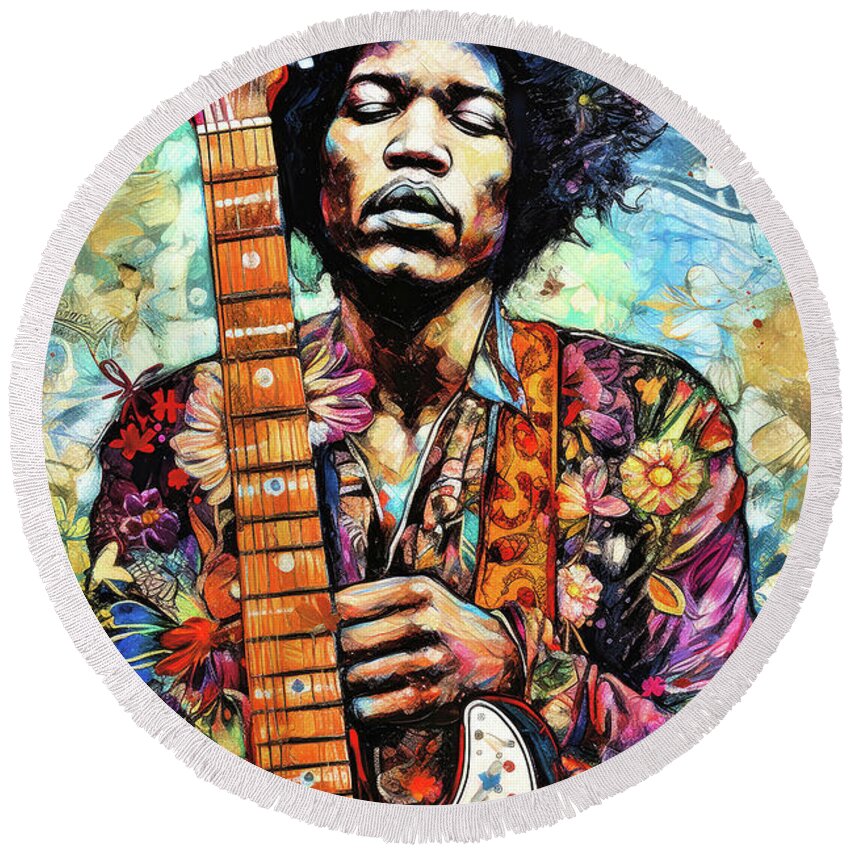 Jimi Hendrix Round Beach Towel featuring the painting Jimi Hendrix by Tina LeCour