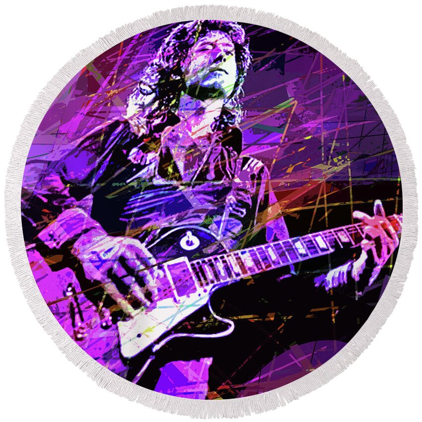 Jimmy Page Round Beach Towel featuring the painting Jimmy Page Solos by David Lloyd Glover