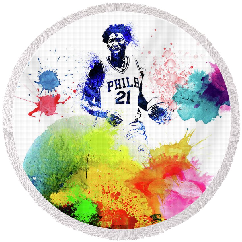 Joel Embiid Round Beach Towel featuring the mixed media Joel Embiid Watercolor by Naxart Studio