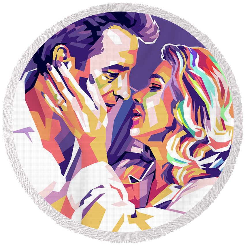 John Round Beach Towel featuring the digital art John Cassavetes and Gena Rowlands by Movie World Posters