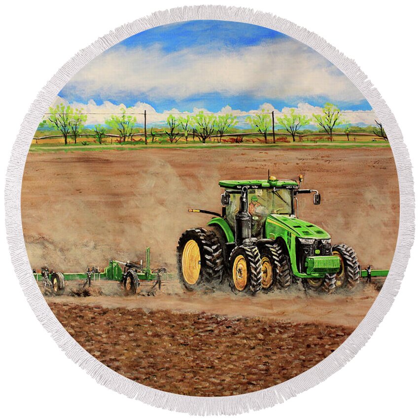 Farming Round Beach Towel featuring the painting John Deere 8345R Tractor Pulling a Cultivator by Karl Wagner