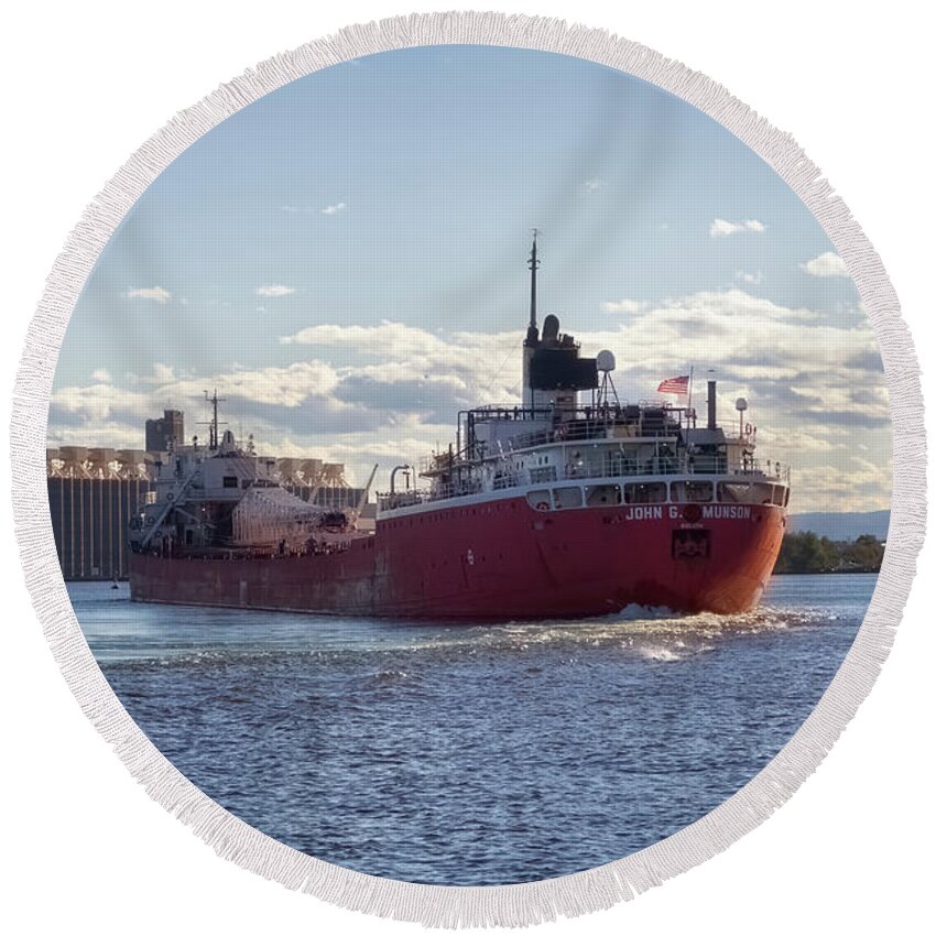 John G Munson Round Beach Towel featuring the photograph John G Munson in the Duluth Harbor by Susan Rissi Tregoning
