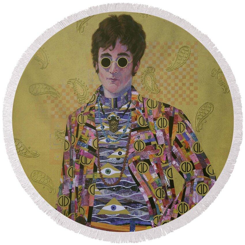 John Lennon Round Beach Towel featuring the painting John Lennon and the Amazing Psychedelic Klimt Coat by Marguerite Chadwick-Juner