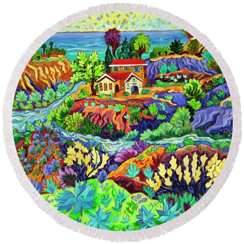 Vivid Round Beach Towel featuring the painting Journey to the Sea by Cathy Carey