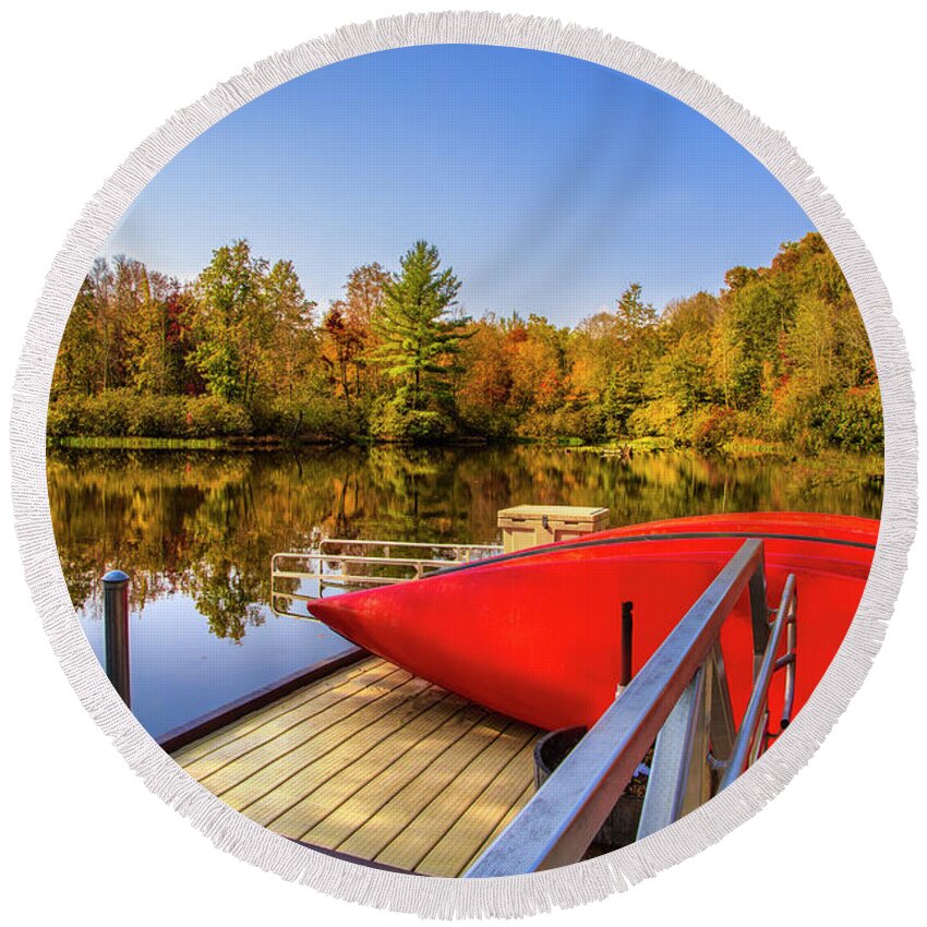 Canoe Round Beach Towel featuring the photograph Julian Price Lake in Autumn by Shelia Hunt