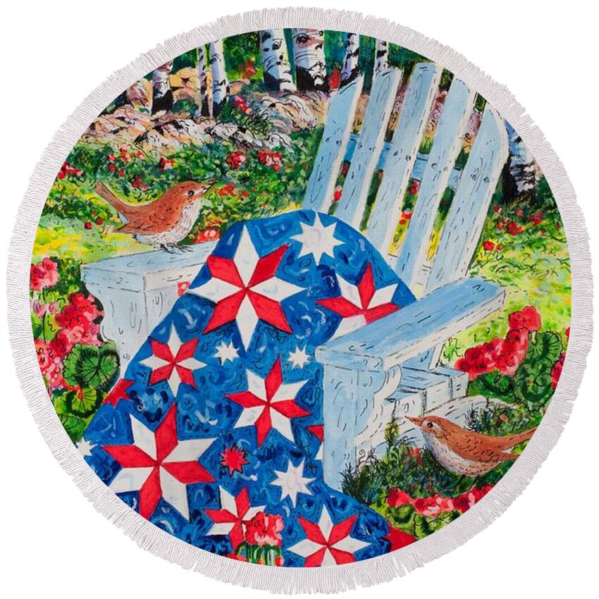 July Stars Features A Red Round Beach Towel featuring the painting July Stars by Diane Phalen