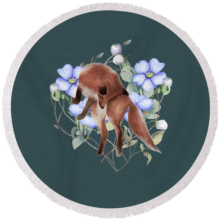 Fox Round Beach Towel featuring the painting Jumping Fox With Flowers by Garden Of Delights