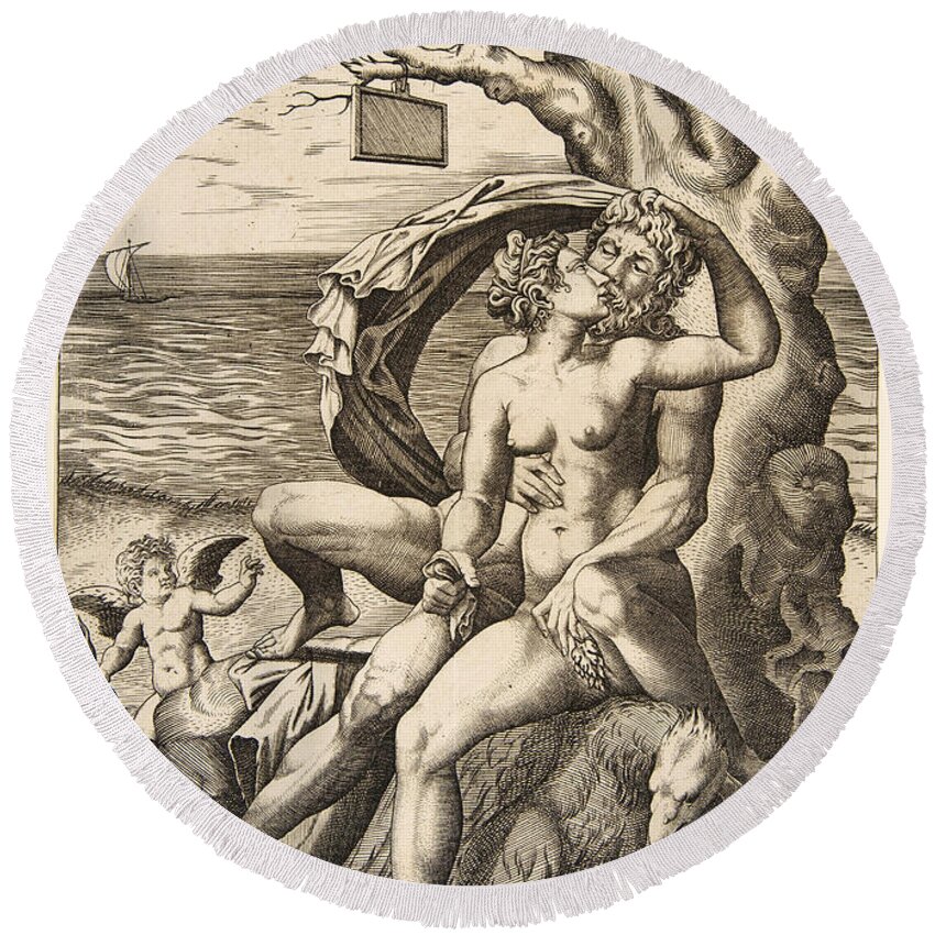 Marco Dente Round Beach Towel featuring the drawing Jupiter and Semele embracing by Marco Dente