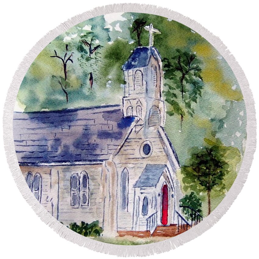 Rural Round Beach Towel featuring the painting Just a Little Country Church by Jacquelin Bickel