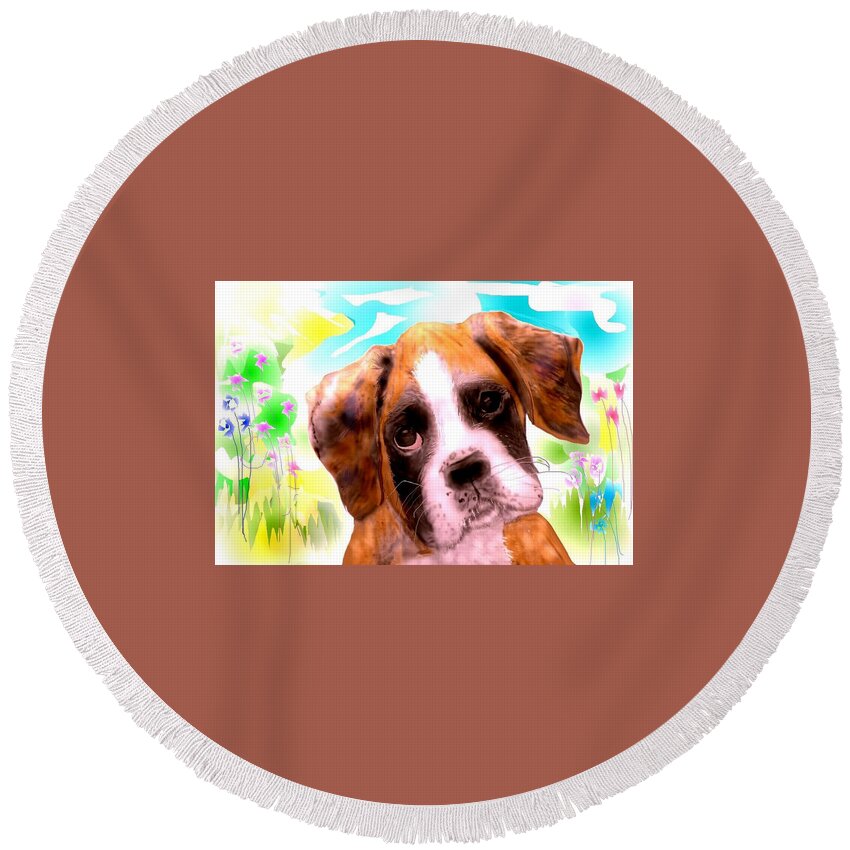 Pencil Sketched Boxer Puppy Resting After A Romp In The Meadow. Round Beach Towel featuring the mixed media Just another Blossom. by Pamela Calhoun