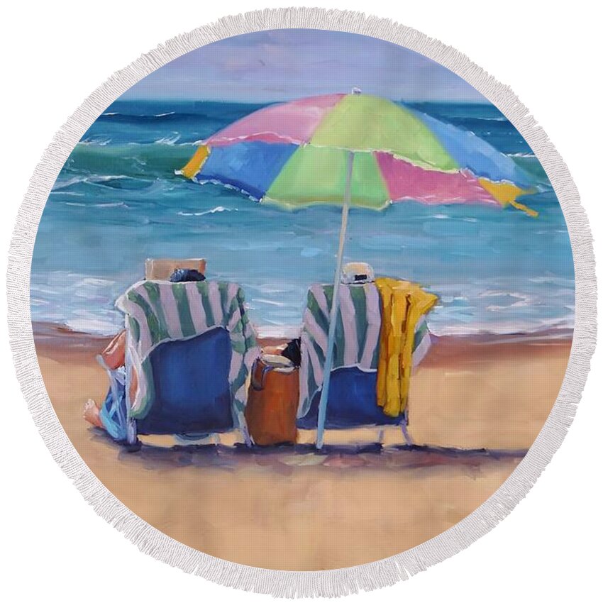 Laura Zanghetti Round Beach Towel featuring the painting Just Leave a Message by Laura Lee Zanghetti