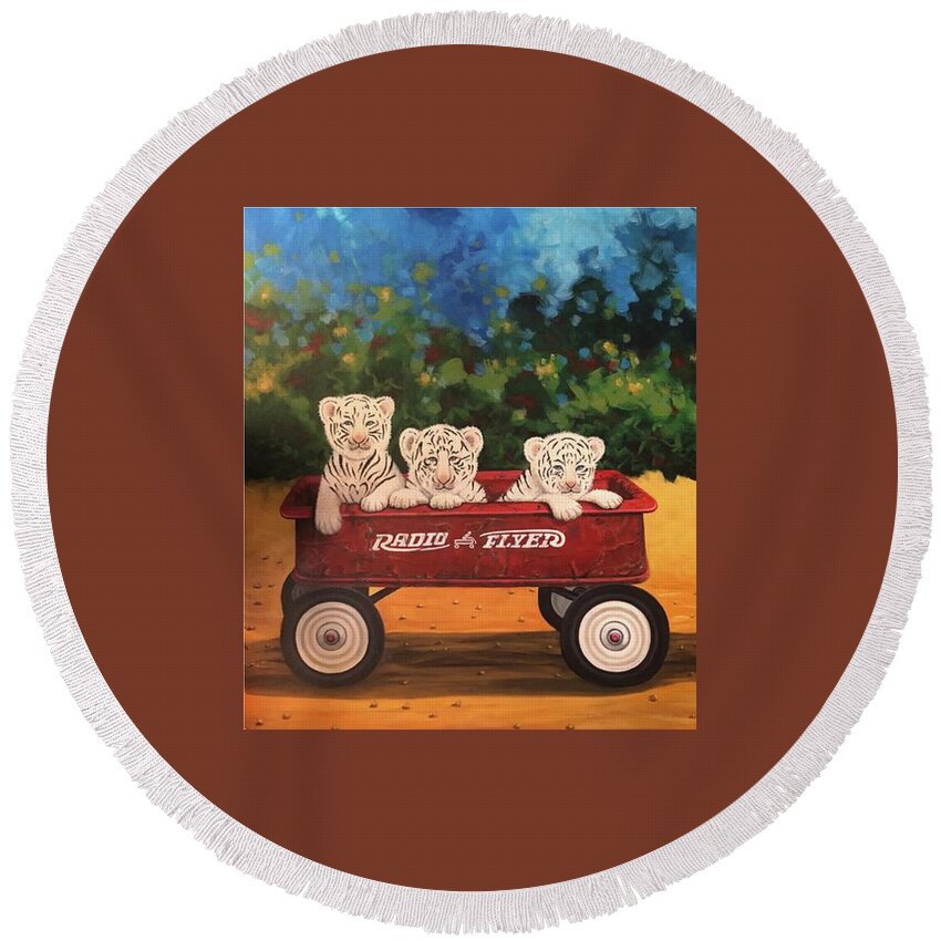 White Tigers Round Beach Towel featuring the painting Just The Cat Wagon by Lance Headlee