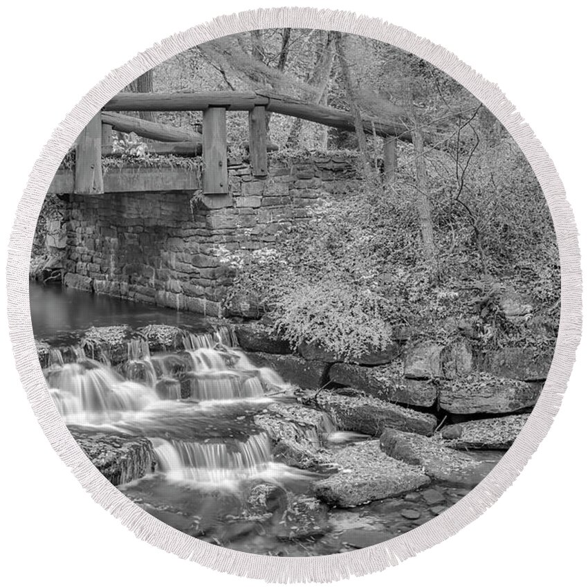 Waterfall Round Beach Towel featuring the photograph Just Water Under The Bridge BW by Susan Candelario