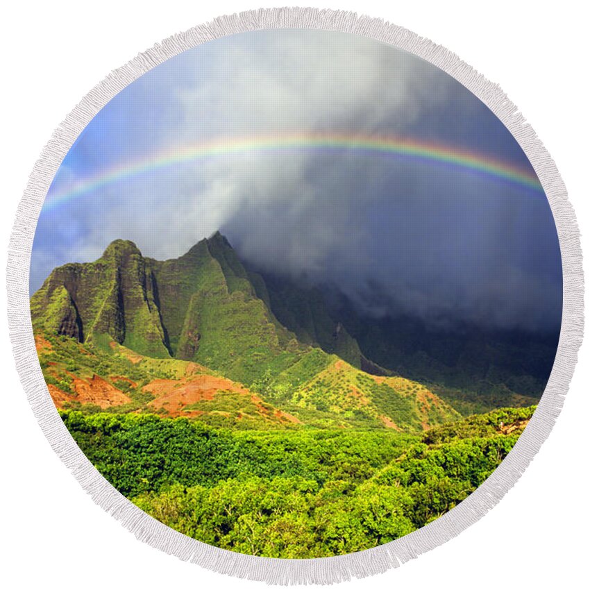 Hawaii Round Beach Towel featuring the photograph Kalalau Valley Rainbow by Kevin Smith