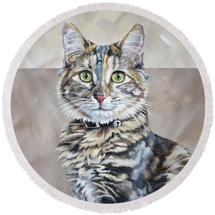 Cat Round Beach Towel featuring the painting Kali Cat - Pet Portrait Painting by Annie Troe