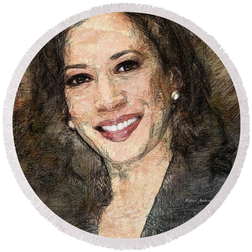 Portraits Round Beach Towel featuring the drawing Kamala Harris by Rafael Salazar