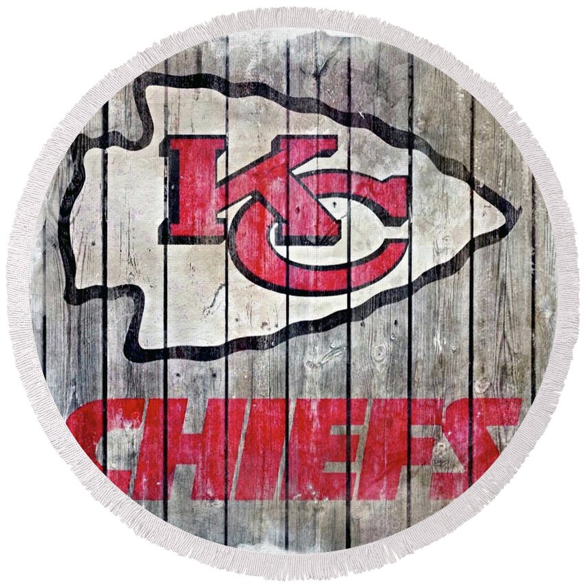 Kansas City Chiefs Round Beach Towel featuring the digital art Kansas City Chiefs Wood Watercolor 2 by CAC Graphics