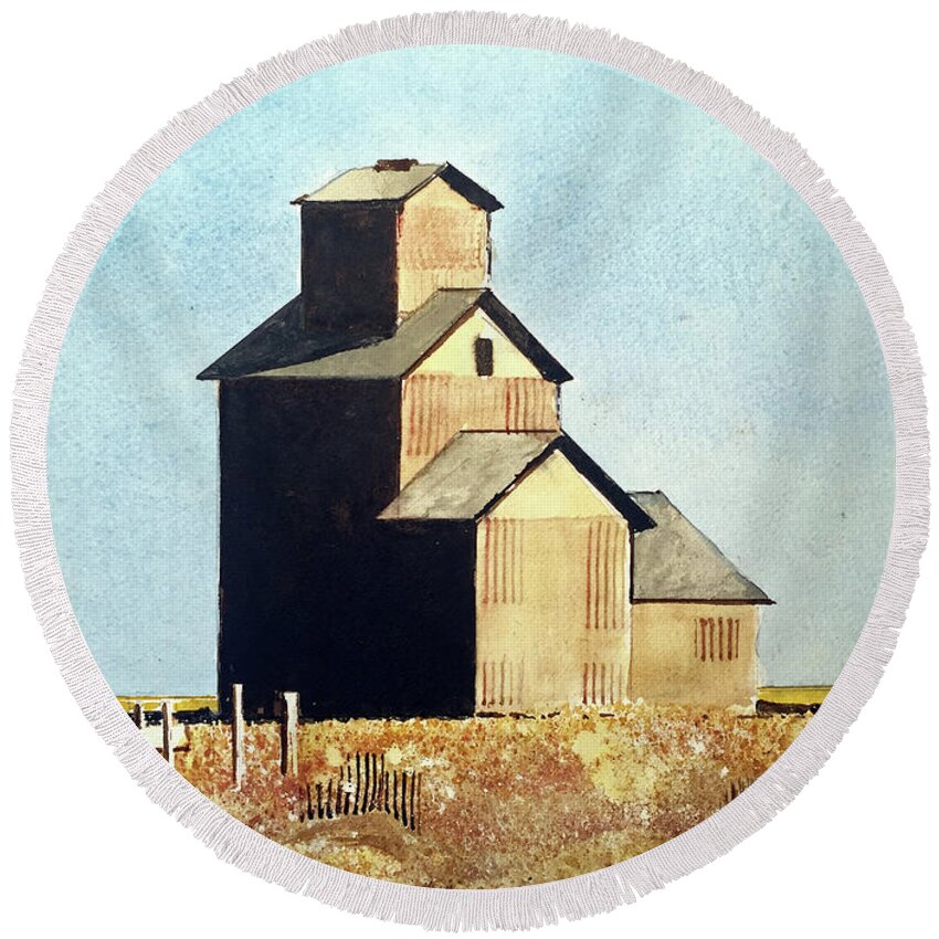 A Grain Elevator In The Sunlight Of A County In Western Kansas. Round Beach Towel featuring the painting Kansas by Monte Toon