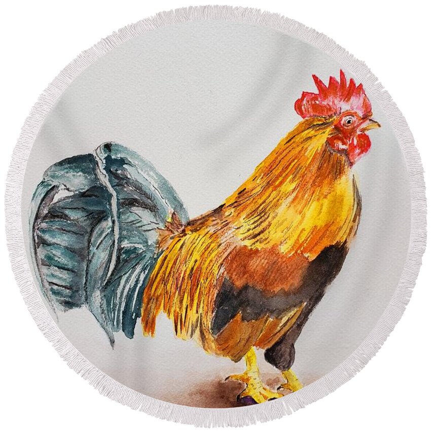 Rooster Round Beach Towel featuring the painting Kauai Cockerell - Watercolor by Claudette Carlton