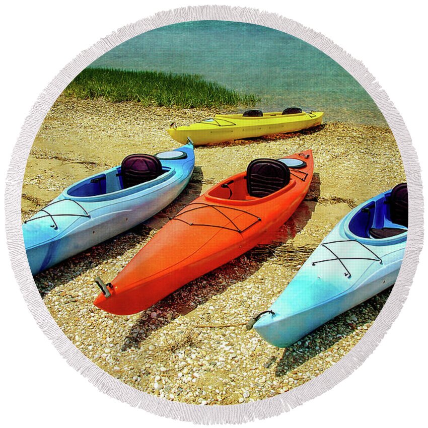 Kayaks Round Beach Towel featuring the photograph Kayaks On The Shore by Cathy Kovarik