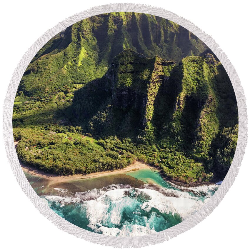 Kauai Round Beach Towel featuring the photograph Ke'e Beach from a doors off helicopter tour by Pierre Leclerc Photography