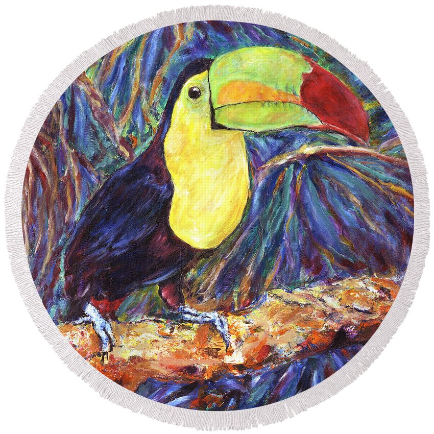 Costa Rica Round Beach Towel featuring the painting Keel-billed Toucan by John Bohn