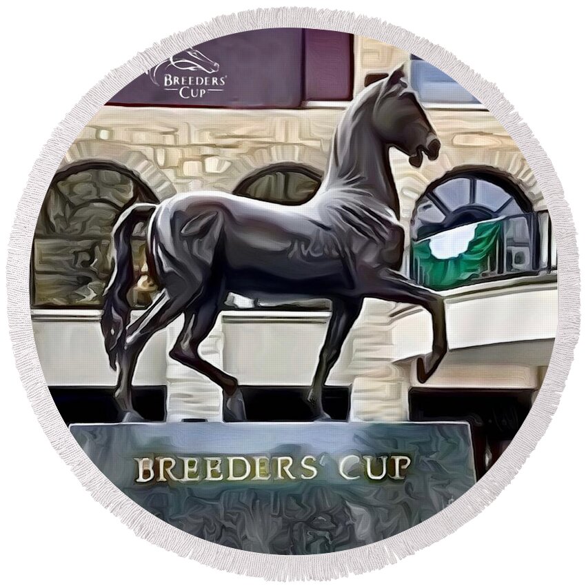 Keeneland Round Beach Towel featuring the digital art Keeneland Breeders Cup Statue 2 by CAC Graphics