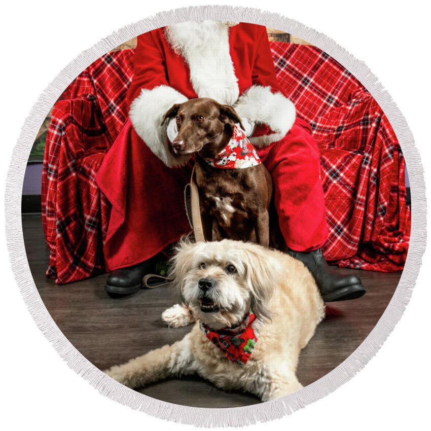 Annie Round Beach Towel featuring the photograph Kellie and Annie with Santa 2 by Christopher Holmes