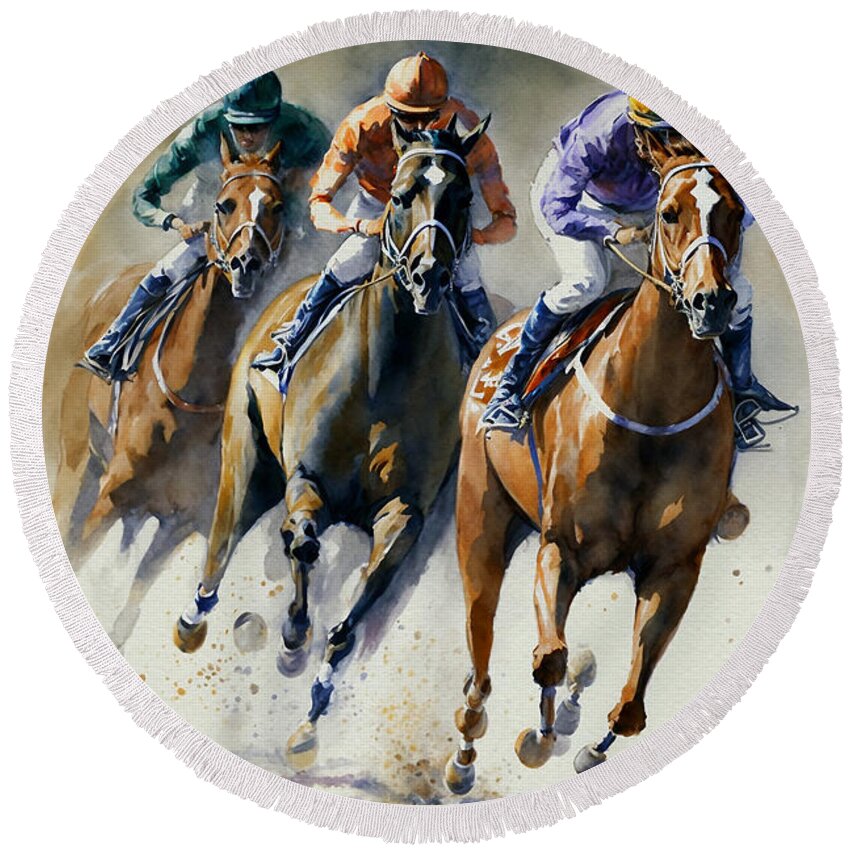 Horse Race Round Beach Towel featuring the painting Kentucky Derby by Kai Saarto