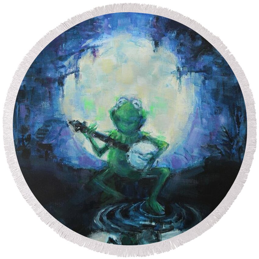 Muppets Round Beach Towel featuring the painting Kermit Under The Moon by Dan Campbell
