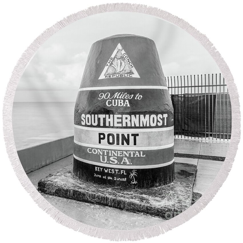 2021 Round Beach Towel featuring the photograph Key West Southernmost Point Buoy Black and White Photo by Paul Velgos