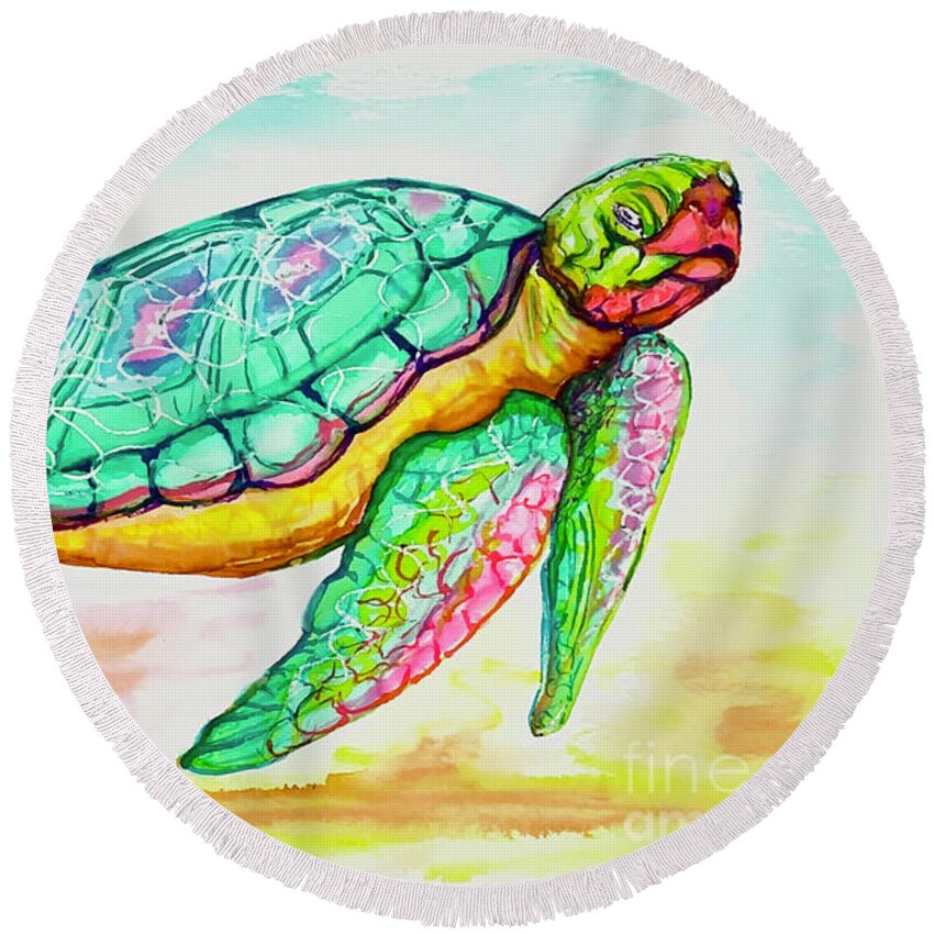 Key West Round Beach Towel featuring the painting Key West Turtle 2 2021 by Shelly Tschupp