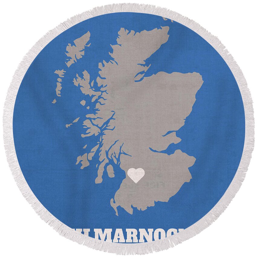 Kilmarnock Round Beach Towel featuring the mixed media Kilmarnock Scotland Founded 1592 World Cities Heart Print by Design Turnpike