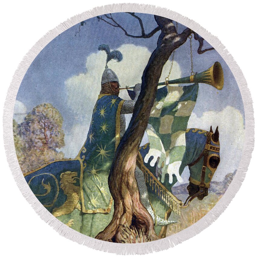 1922 Round Beach Towel featuring the drawing King Arthur - Green Knight Preparing to Battle by N C Wyeth