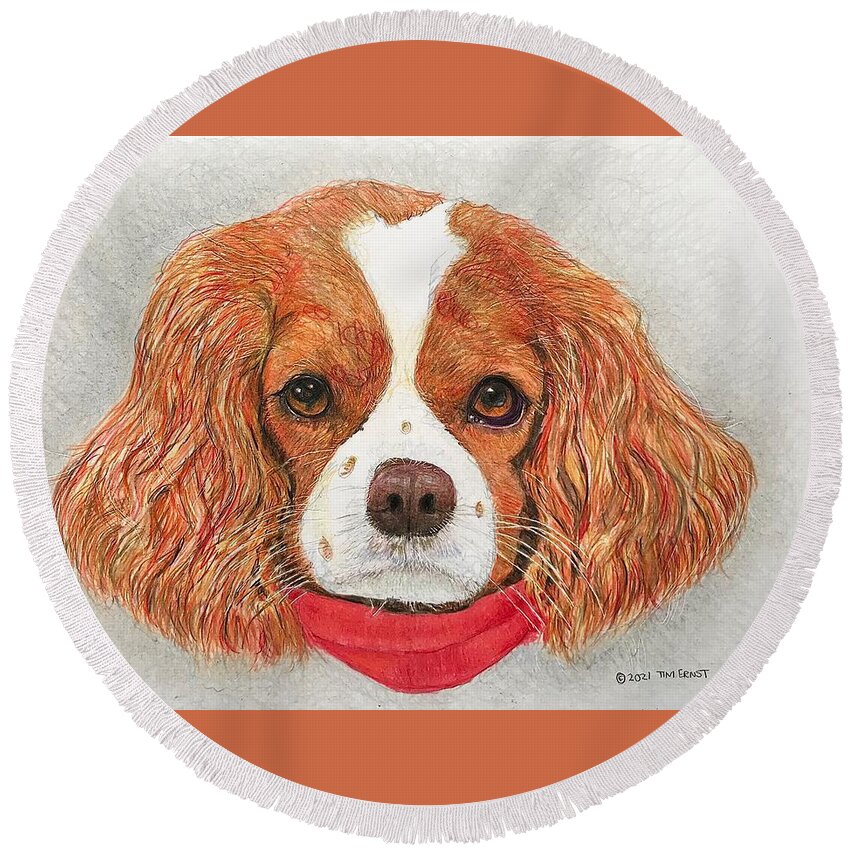 Brown Round Beach Towel featuring the drawing King charles spaniel by Tim Ernst