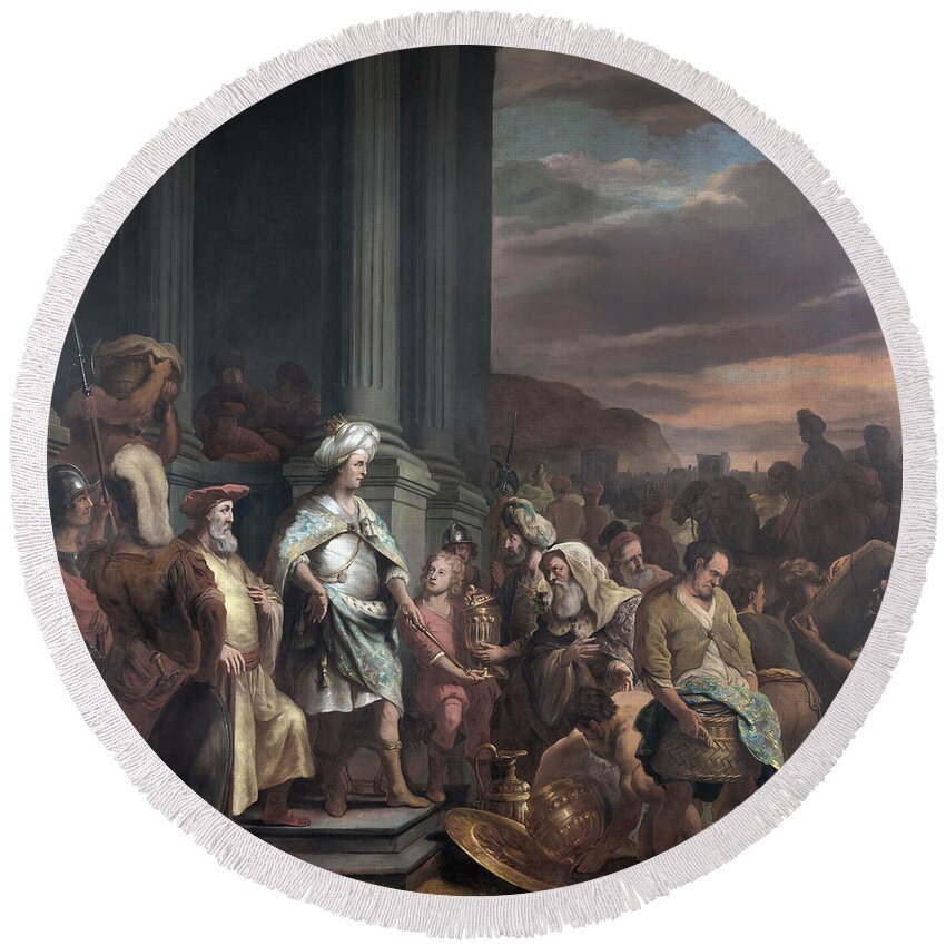 1660 Round Beach Towel featuring the painting King Cyrus by Ferdinand Bol